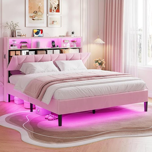 Queen Bed Frame with Storage Headboard,Power Outlet, Modern Velvet Upholstered Platform Bed LED Bed Frame with 5 Storage Shelves, No Box Spring Needed, Pink