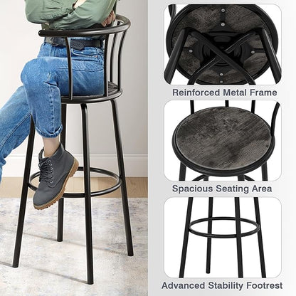 VECELO Bar Stools Set of 2, Swivel Counter Barstools with Backrest, Bar Height Chairs for Dining Room, Kitchen Island, Pub, Easy Assembly, Retro Grey