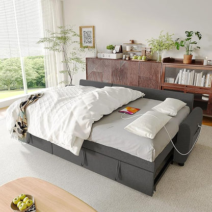 Ucloveria Sleeper Sofa Bed, 86" Convertible Sectional Sofa Couches for Living Room, Pull Out Couch Bed with Reversible Storage Chaise | USB Ports | Side Pockets | Removable Backrest