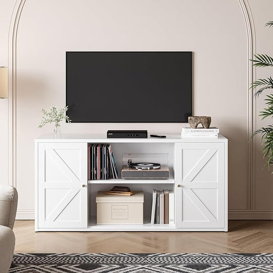 Metal TV Stand for 65 Inch TV, Farmhouse TV Entertainment Center with Storage Cabinets and Adjustable Shelves, Modern Media TV Console Table, TV Cabinet for Living Room, White