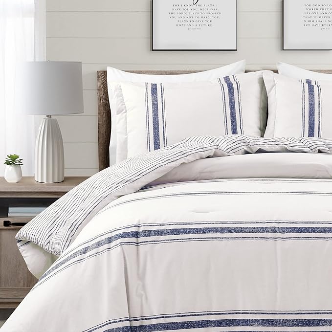 Lush Decor Farmhouse Stripe Reversible Cotton Comforter Set, 3 Piece Set, California King, Navy - Cozy Farmhouse Bedding Set - Rustic Decor - Striped Comforter - Modern Farmhouse Bedroom Decor