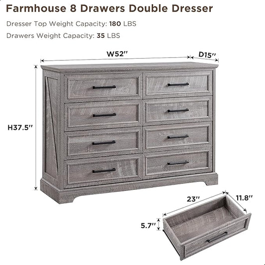 ACCOHOHO Farmhouse 8 Drawers Dresser Chests for Bedroom,52" Wide Wood Rustic Chest of Drawers with Metal Handle,Natural Texture,Drawer Organizer for Bedroom,Living Room,Hallway and Entryway,Grey
