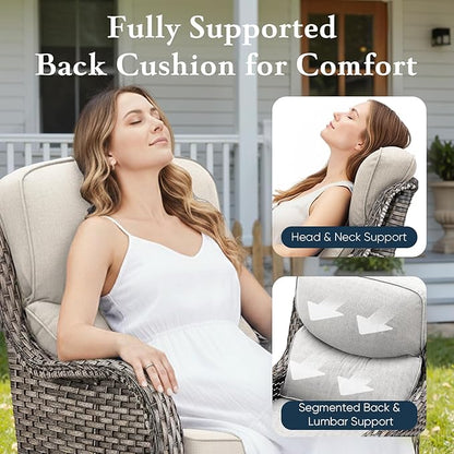Belord Luxury 6" Thick Cushioned Outdoor Swivel Rocker Patio Chairs with Side Table, 3 Pieces High Back Wicker Furniture Set with Ergonomic Back, Conversation Gliders Set for Deck Porch - Grey+Beige