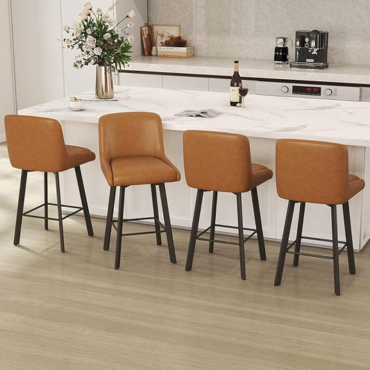 Swivel Counter Height Bar Stools Set of 4, 26''H Upholstered Barstools with Backs, Modern Bar Stool Chairs for Kitchen Island, Metal Legs, Faux Leather, Whiskey Brown Stools Counter Chair