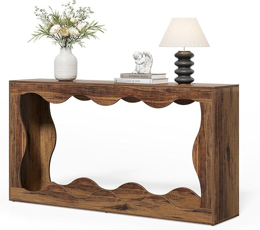 LITTLE TREE 63-Inch Entryway Table, Chic Design, Farmhouse Sofa Table Behind Couch, Scalloped Console Table with Build-in Storage Space for Entryway, Living Room, Hallway
