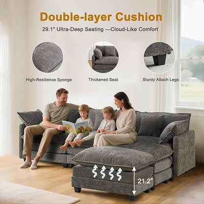 111.4" Cloud Chenille Sectional Sofa 3+2｜Modular 5-Seat Couch with Connector｜FSC Solid Wood Frame｜29.1" Deep Seat｜1YR Comfort Guarantee