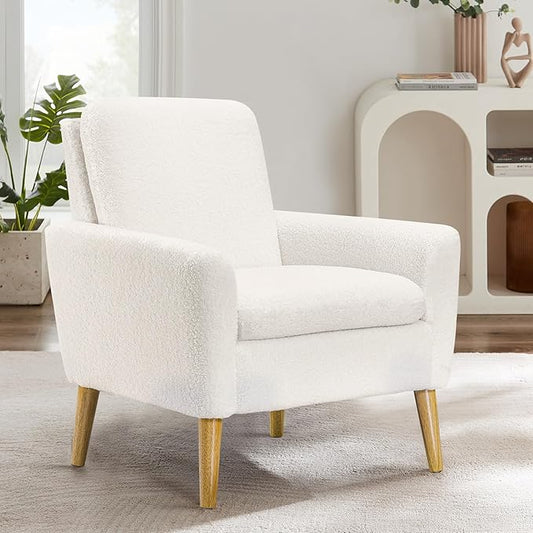 Lohoms Sherpa Accent Chair, Modern White Teddy Fabric Upholstered Comfortable Armchair, Comfy Reading Leisure Chairs for Bedroom, Living Room, Home Office, Small Sofa Chair with Wood Legs