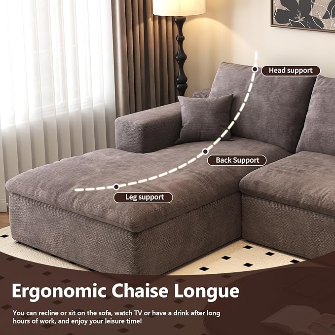136.6'' U-Shaped Modern Modular Sectional Cloud Couch Whit Ottoman, 4-Seat Chenille Deep-Seat Sofa with Pillow for Living Room, Bedroom, Apartment, Camel