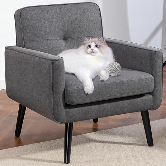 Mid Century Accent Chair, Fabric Modern Chair with Wooden Frame, Cozy Armchair Reading Chair with Comfy Back for Apartment, Living Room, Bedroom, Waiting Room, Small Space, Corner, Grey
