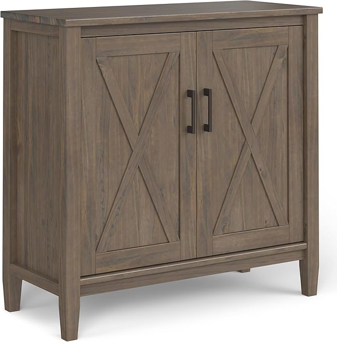 SIMPLIHOME Ela Solid Wood 32 inch Wide Transitional Low Storage Cabinet in Smoky Brown for The Living Room, Entryway and Family Room