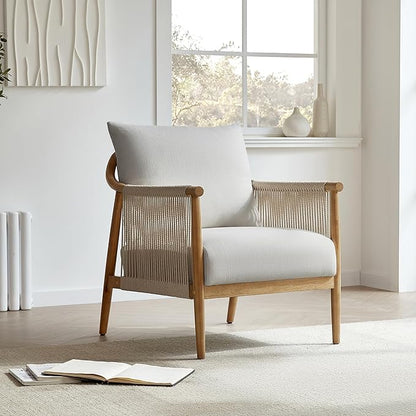 CHITA Braid Accent Chair Set of 2, Modern Armchair with Solid Wooden Armrest for Living Room and Bedroom, Boho Reading Chair, Light Grey