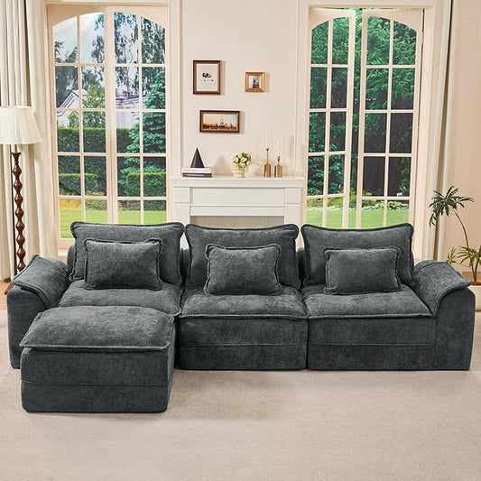 Hobestluk 120" Cloud Modular Sectional Couch 3-Seater Sofa with Ottoman L Shaped Sofa with Removable Cover Large Sofa Couch for Living Room (Blue Grey, 3-Seater Sofa with One Ottoman)