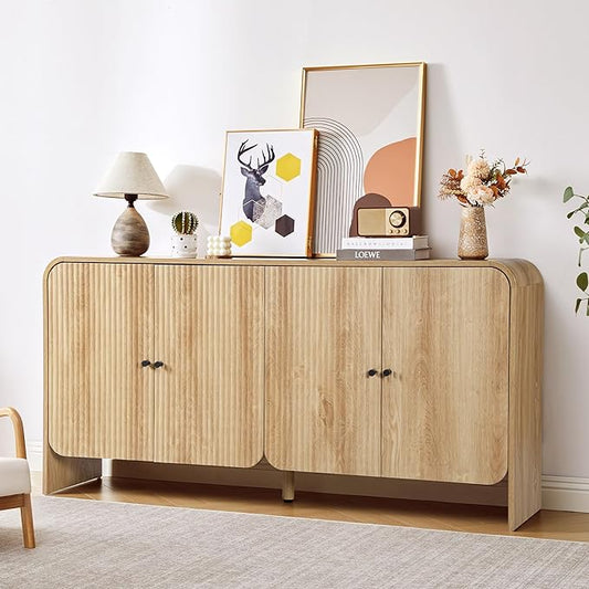 59” Large Buffets Sideboard Cabinet with Storage, Fluted Curved Credenza Buffet Table Storage Cabinet with 4 Doors, Modern Wood Accent Console Table Coffee Bar for Living Room Kitchen Hallway, Natural