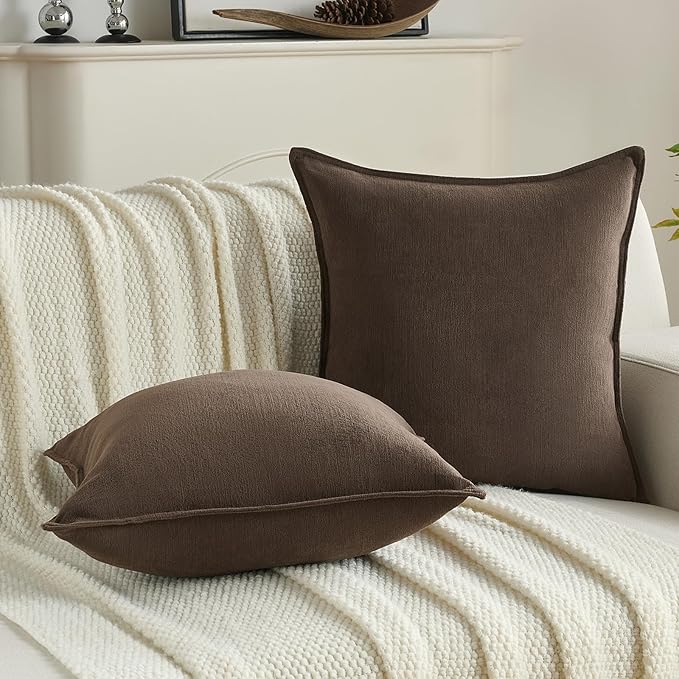 FUTEI Dark Coffee Chenille Throw Pillow Covers 24x24 Inch Set of 2,Edges Double-Stitched European Cushion Cases,Modern Home Decor for Couch Living Room