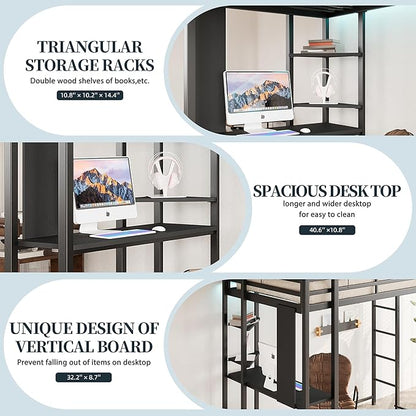 SUNLEI Metal Loft Bed Frame with Desk, Full Size Loft Bed with 2 Built-in Ladders & Safety Guard, Noise Free for Small Bedroom, Classic Black