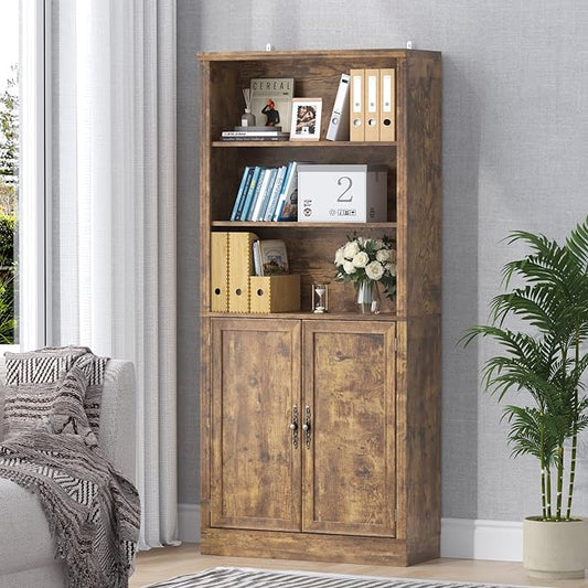 72'' Tall Bookcase with Doors, Adjustable Shelves, P2 MDF Construction, 32'' Wide Freestanding Cabinet with Metal Handles, Hidden Storage for Living Room, Bedroom, Brown