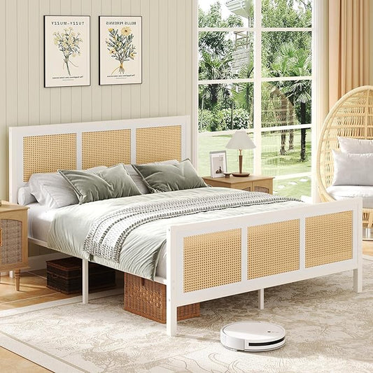 Boho Bed Frame Full, Rattan Full Bed Frames with Headboard, Metal Platform Bed Frame Full Size with Strong Slats Support, No Box Spring Needed, Noise Free, Easy Assembly, White
