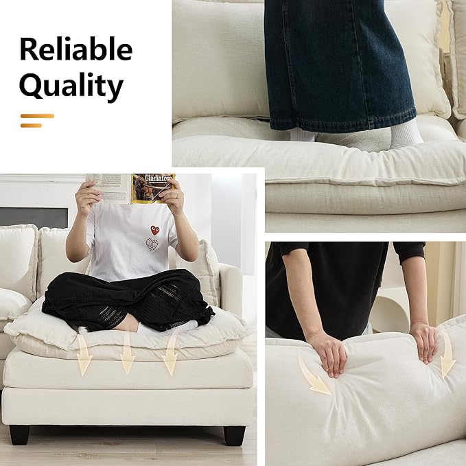 76'' Cloud Deep Seat Loveseat Sofa, Upholstered Chenille Modular 3-Seats Sectional Sofa Couch with Movable Ottoman, Modern Comfy Settee Loveseat for Living Room Set, Small Apartment, Beige
