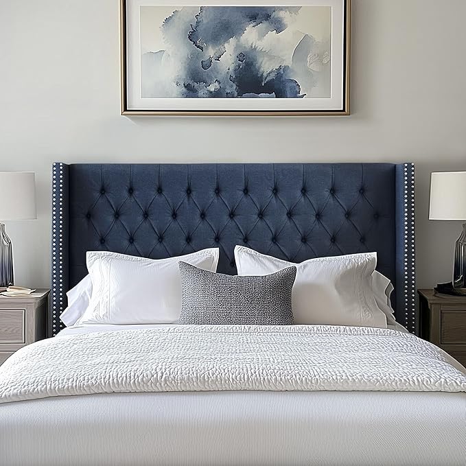 Madison Park King Button Tufted Headboard, Adjustable Upholstered Wingback Headboard, Nailhead Trim, Wooden Frame, Black Metal Legs, Flush Flat Back, Vintage Bedroom Décor - Navy Amelia