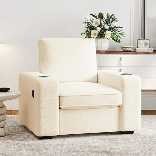 Furnimart 36" Wide Plush Accent Chair, Single Sofa with USB Charger & Cup Holder, Oversized Comfy Chair Tufted Terry Fabric, Ideal for Living Room, Bedroom, Apartment(Terry-Beige)