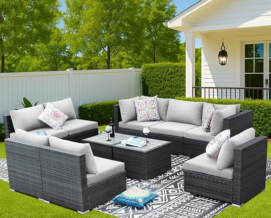 NICESOUL 10 Piece Outdoor Furniture Set, Extra Large Patio Modular Sectional Sofa with Side Tables, 29.3'' High Back Comfy Rattan Conversation for Backyard Garden Deck, Deep Wide Seated Couch, Grey