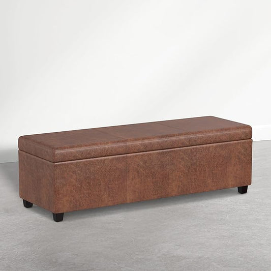SIMPLIHOME Avalon Storage Ottoman - 54 inch Wide Upholstered Solid Wood Rectangular Ottoman Bench in Distressed Pecan Brown, Contemporary Ottoman for Bedroom or Living Room with Lift-Up Lid