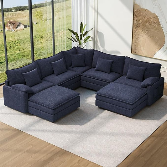 Vesgantti 108" V-Shaped Corner Couch Sectional, 7 Seat Customizable Modular Cloud Couches with Movable Ottoman, Chenille Deep Seat Sofa Set with Chaise for Living Room, Bedroom and Apartment, Blue