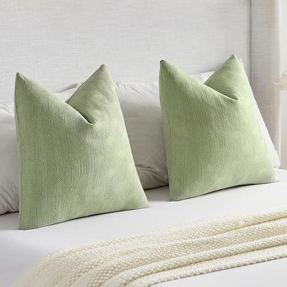 FUTEI Sage Green Chenille Decorative Throw Pillow Covers 12x20 Inch Set of 2,Soft Cozy Striped Geometric Patterns Lumbar Pillow Cases,Modern Home Decor for Couch Bed Living Room