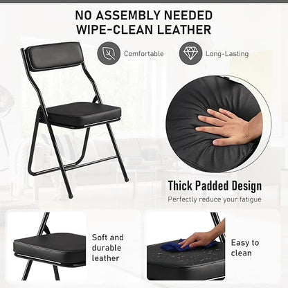 4 Pack Padded Folding Chairs with Cushion, Foldable Dining Chair Set Portable Indoor Outdoor Stackable Folding Chairs with Steel Frame for Home Office Events Wedding Party Black