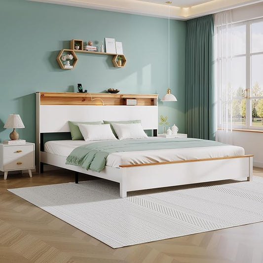 Full Bed Frame, Wood Platform Bed Frame with Storage Headboard, Charging Station, Modern Bedframe Full Size, 800lbs Capacity, Metal Slat Support, Noise-Free, No Box Spring Needed-White
