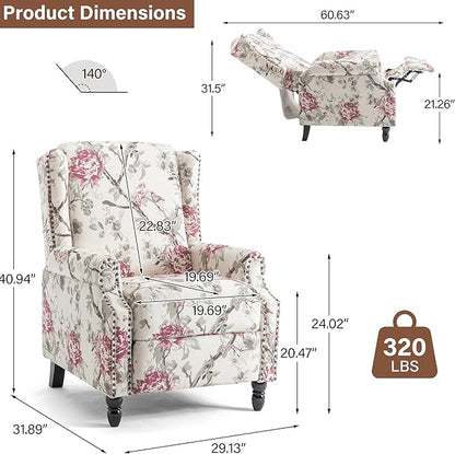 Pushback Recliner Chair, Floral Fabric Wingback Recliner Chair, Upholstered Armchair Push Back Recliner, Rivet Trim Single Sofa Accent Chair with Wood Legs for Living Room, Plants Floral