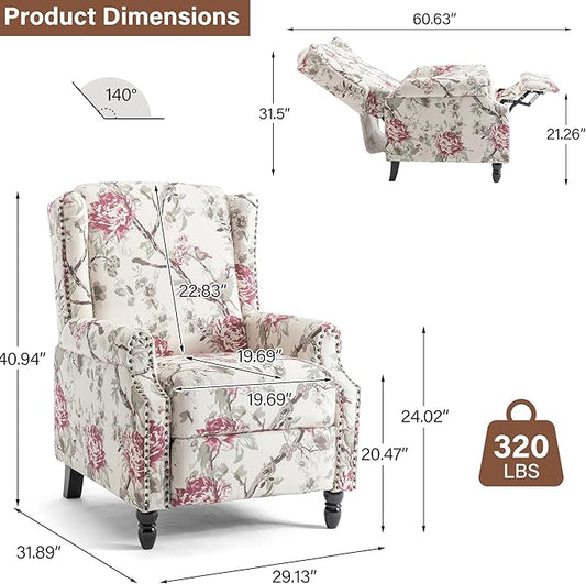 Pushback Recliner Chair, Floral Fabric Wingback Recliner Chair, Upholstered Armchair Push Back Recliner, Rivet Trim Single Sofa Accent Chair with Wood Legs for Living Room, Plants Floral