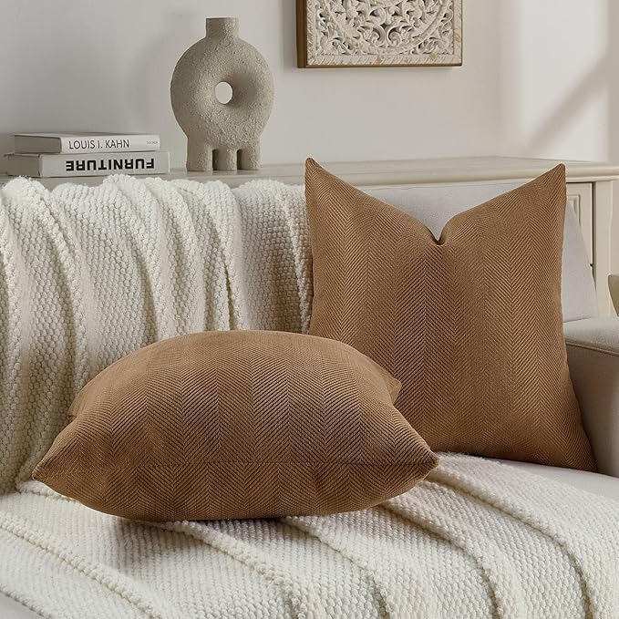 FUTEI Rust Chenille Throw Pillow Covers 22x22 Inch Set of 2,Soft Wide Chevron Textured Cushion Case,Farmhouse Home Decor for Couch Bed Living Room