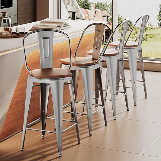 Aklaus Swivel Metal Bar Stools with Backs Counter Stools Set of 4 Counter Height Stools High Back Bar Chairs 26 Inches Barstools Farmhouse Silver