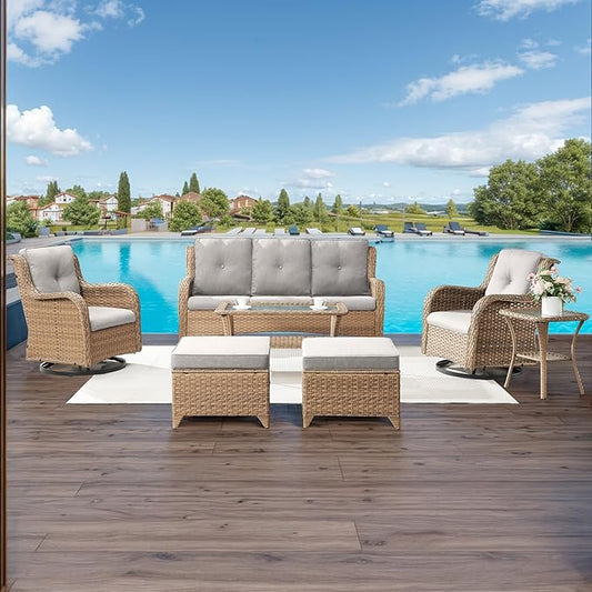 HUMMUH Patio Furniture 7 Pieces Outdoor Furniture Set PE Wicker Patio Couch with Swivel Rocker Chairs,Patio Ottomans,Outdoor Tables