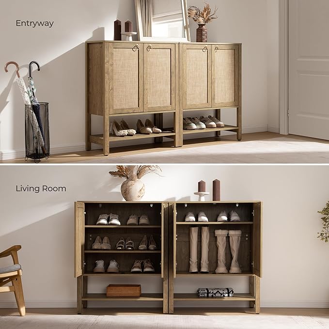 SICOTAS Rattan Shoe Cabinet with Storage - 5 Tier Farmhouse Boho Shoe Organizer Storage Cabinet with Shelves & Doors, Tall Shoe Rack Cabinet for Entryway, Living Room, Closet (Carbon Cherry)