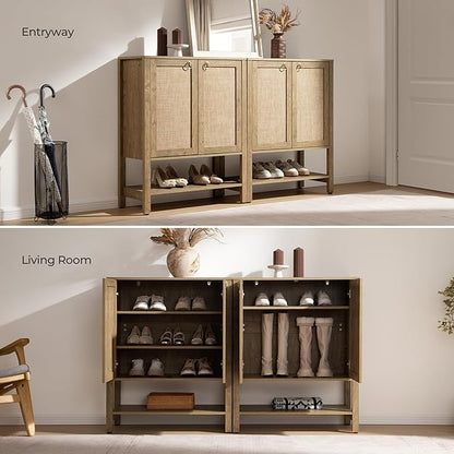 SICOTAS Shoe Storage Cabinet for Entryway - 5 Tier Rattan Entry Shoe Organizer Cabinet with Shelves & Doors, 2 Pieces Farmhouse Boho Shoe Rack for Hallway, Living Room, Closet (Carbon Cherry)