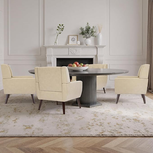 Faux Leather Accent Chairs Set of 4, Mid-Century Modern Upholstered Armchair, Comfy Living Room Chairs Reading Chairs with Button Tufted Back & Solid Wood Legs for Bedroom, Office, Cream
