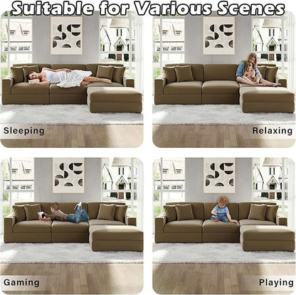 Modular Sectional Couches for Living Room, 118" Modern Upholstered Sofa Couche with Ottoman for Living Room Bedroom, Camel