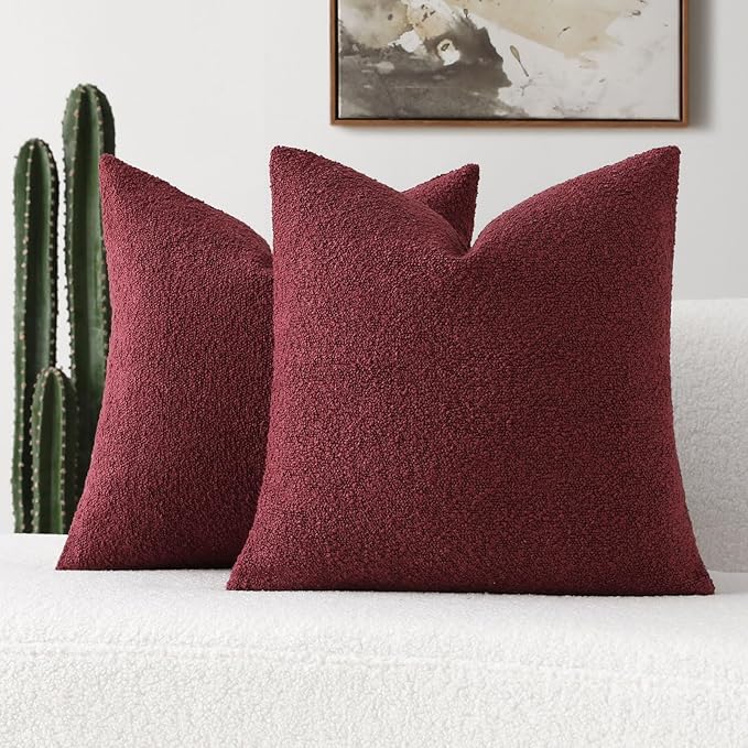 FUTEI Pack of 2 Burgundy Decorative Throw Pillow Covers 24x24 Inch Soft Cozy Solid Boucle Textured European Cushion Case,Modern Home Decor for Couch Bed Living Room