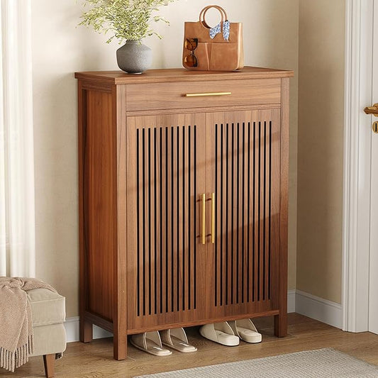 LITTLE TREE Narrow Storage Shoe Rack, 6-Tier Wooden Shoe Cabinet with Drawer, Freestanding Slim Shoe Cabinet Shoe Organizer for Entryway, Hallway, Closet, Bedroom, Living Room, Brown