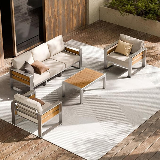 ZANDOR Aluminum Outdoor Patio Conversation Furniture Set, 4 PCS Metal Modern Outside Sectional Lawn Furniture with Coffee Table & Washable Thick Cushions,Seating Sofa for Garden/Backyard/Porch Silver