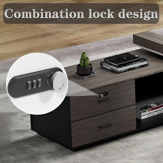 Modern Large Desk, Modern L-shaped Desk With Side Cabinets, Executive Desk With Combination Lock Drawer, Business Furniture Desk With Simple Cable Management (chair Not Included)(63x29.5x86.6inch)