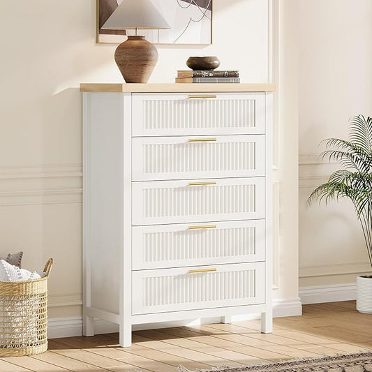 GarveeHome Fluted 5 Drawer Tall Dresser for Bedroom, 42.9 in Chest of Drawers, Wooden Dresser Chest with Clothes Storage Cabinet, Drawer Organizer, TV Stand for Bedroom, Living Room, Hallway, White