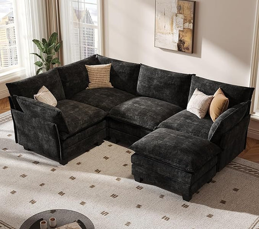 KKL Modular Sectional Sofa, J-Shaped 5 Seater Convertible L-Shaped Cloud Couch with Ottoman, Chenille Modern Sectional Couches for Living Room, Apartment Black