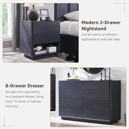 ACCOHOHO Modern Bedroom Set, 3 Pieces Bedroom Furniture Set, Wood 8 Drawer Dresser and Nightstands Set of 2, Chest of Drawers Wide Storage Organizer Cabinet for Bedroom,Black