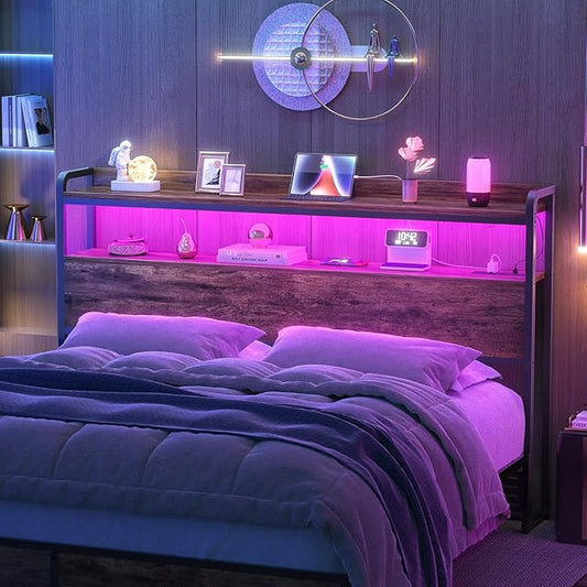 Aheaplus Headboard for Full Size Bed Frame, Headboards with Outlets, USB Ports and LED Light, Head Board with Storage, Height Adjustable, Sturdy and Stable Headboard, Full Size, Rustic Brown