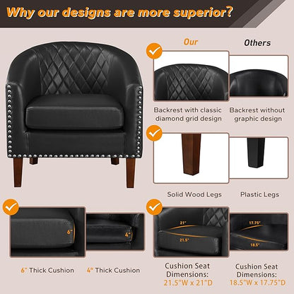 Prilinex Comfy Barrel Accent Chair Set of 8 - Faux Leather Living Room Chair Club Chair with Cushion, Diamond Grid Backrest & Nailhead Trim, Guest Chair for Office, Bedroom & Waiting Room, Black