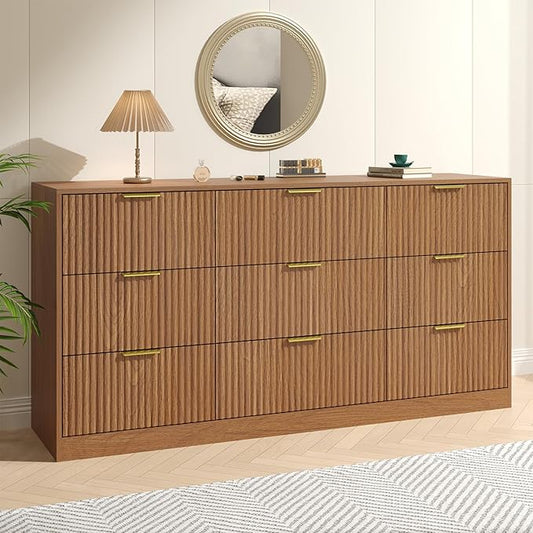 Fluted Dresser for Bedroom with 9 Drawer, 63” Wide Wooden Dresser Mid Century Chest of Drawers with Handle, Dressers TV Stand Storage Organizer for Bedroom, Living Room, Natural Wood