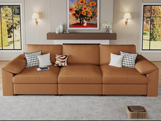 EASE MOOSE 3 Seater Deep Seat Sectional Sofa, Scratch Resistant Faux Leather Material, Oversized Modular Couch for Living Room,Modern Comfy Sofas for Small Spaces,Brown